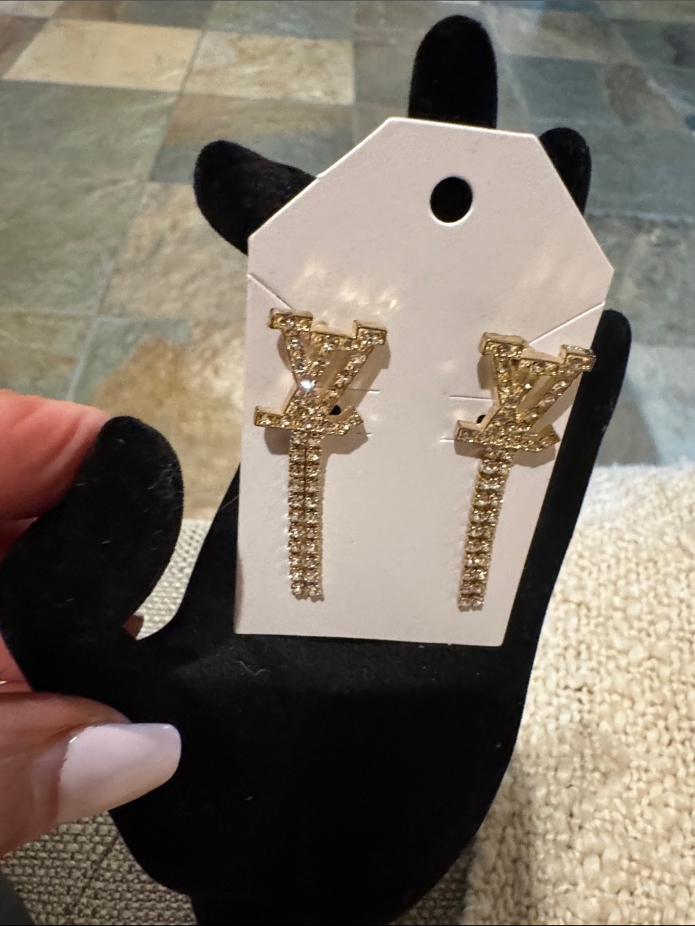 LV Crystal Drop Dangle Earrings - Gold Tone